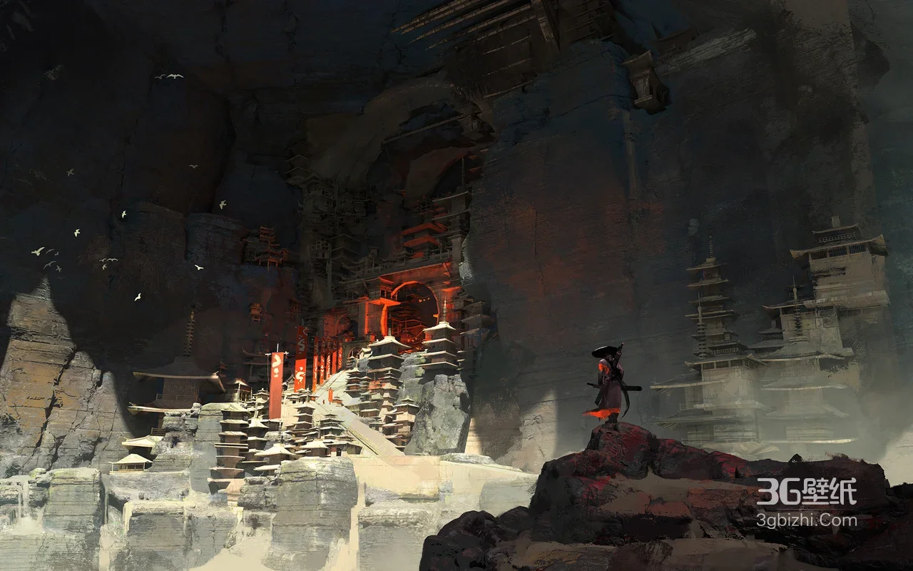 暗黑国风古风侠客·山崖古寺建筑群 游戏场景电脑壁纸1