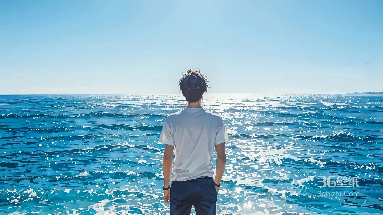 日系二次元帅哥背影·海边望海 唯美治愈宽屏电脑壁纸精选1
