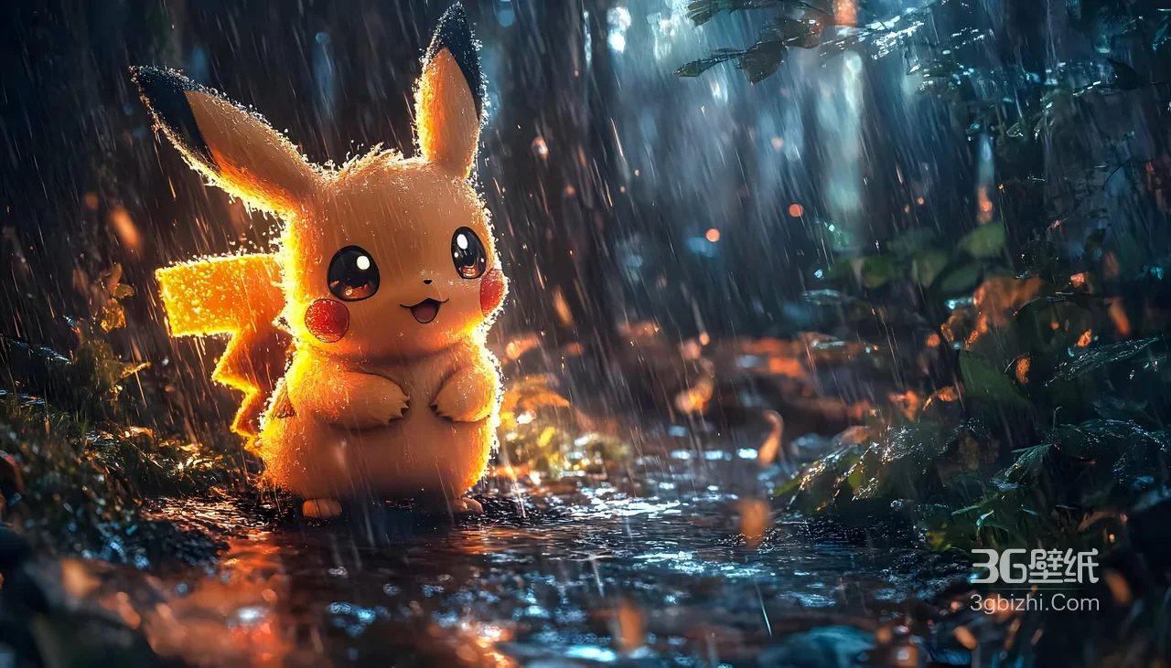 皮卡丘·雨夜暖光 宝可梦写实风森林电脑壁纸热搜款1
