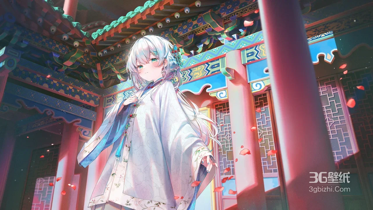 银发古风少女·国风古建筑 唯美国漫风宽屏电脑壁纸1