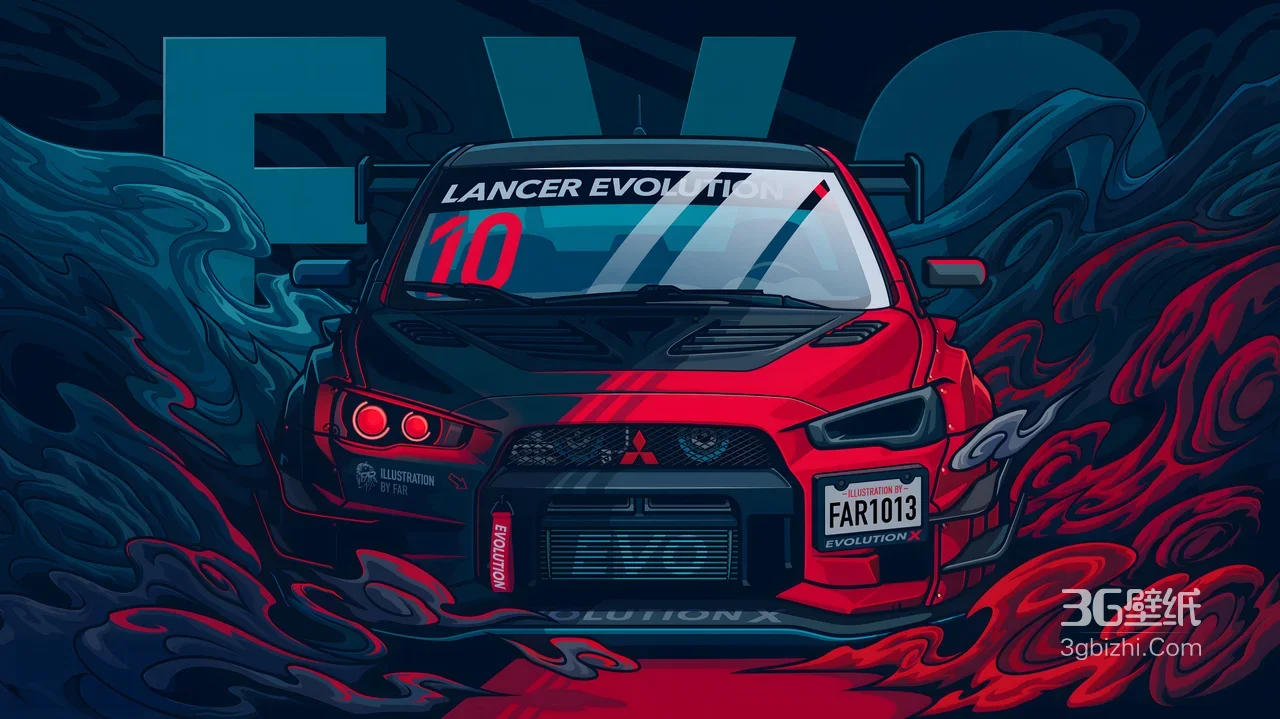 三菱EVO X（FAR1013）赛车·暗黑流体插画风·宽屏车机壁纸1