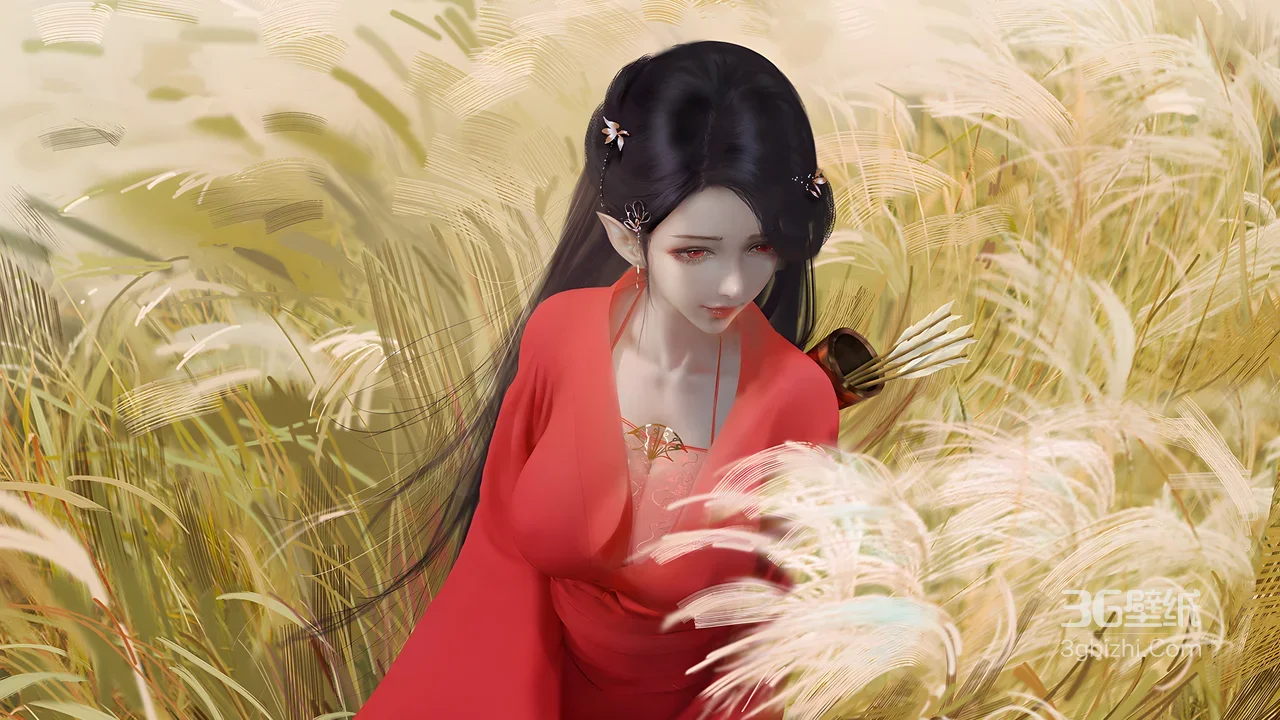 红衣精灵耳女子·芦苇荡·唯美国风·古风游戏角色宽屏桌面1