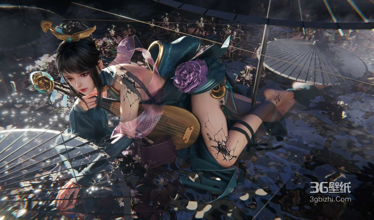 国风角色·琵琶裂纹 水泽油纸伞唯美写实电脑壁纸1