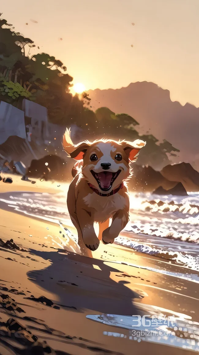 萌犬奔跑·海滩日落（动漫风） 治愈系手机壁纸精选1