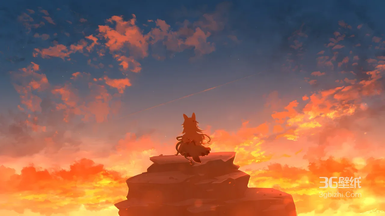 兽耳少女·暮色山崖 唯美动漫风黄昏壁纸1