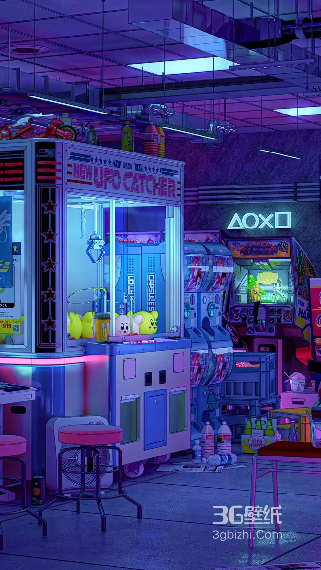 赛博朋克游戏厅霓虹抓娃娃机街机手机壁纸1