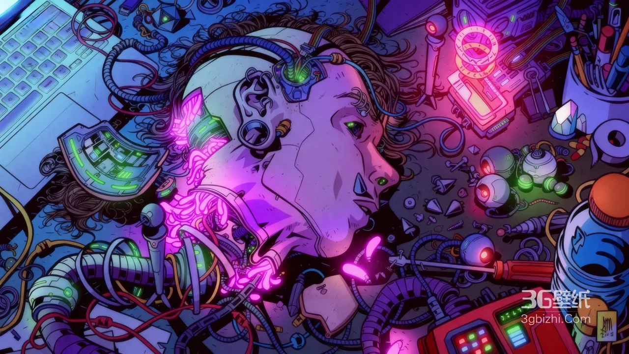 赛博义体改造人·霓虹机械朋克风 原创赛博插画 科幻桌面推荐1
