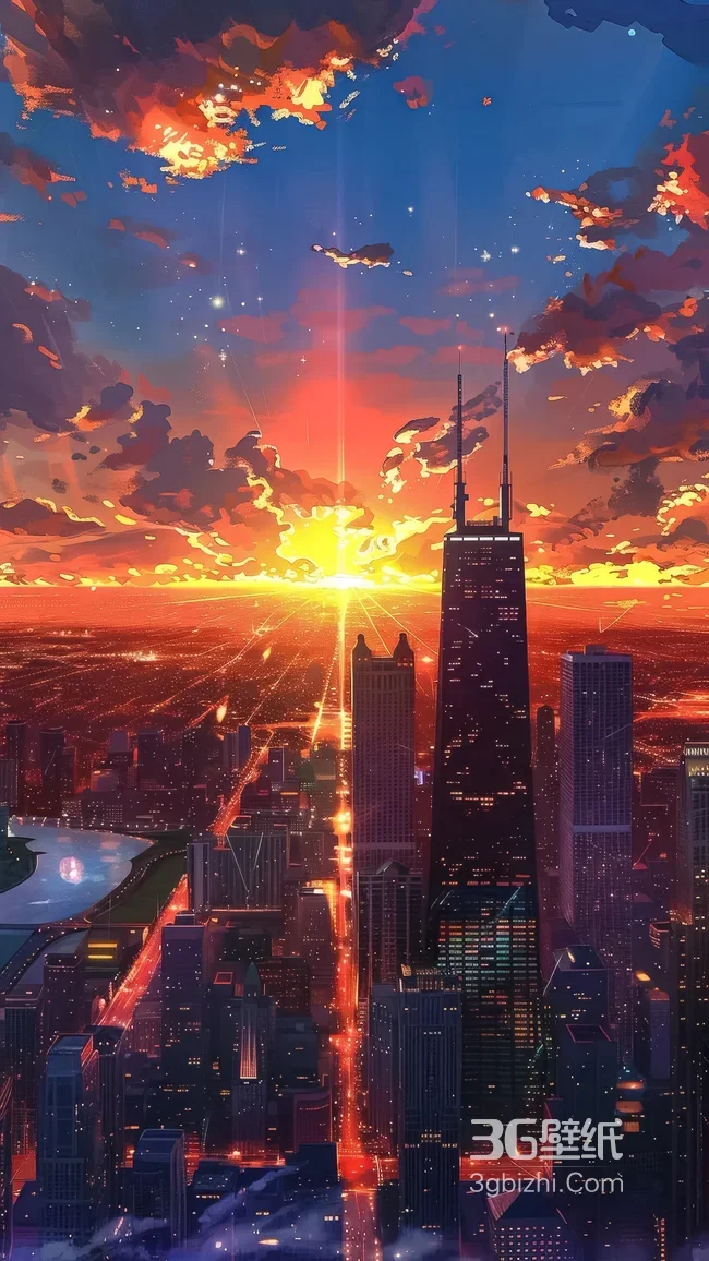 都市天际线二次元日落霞光 暖调都市壁纸（都市日落二次元壁纸）1