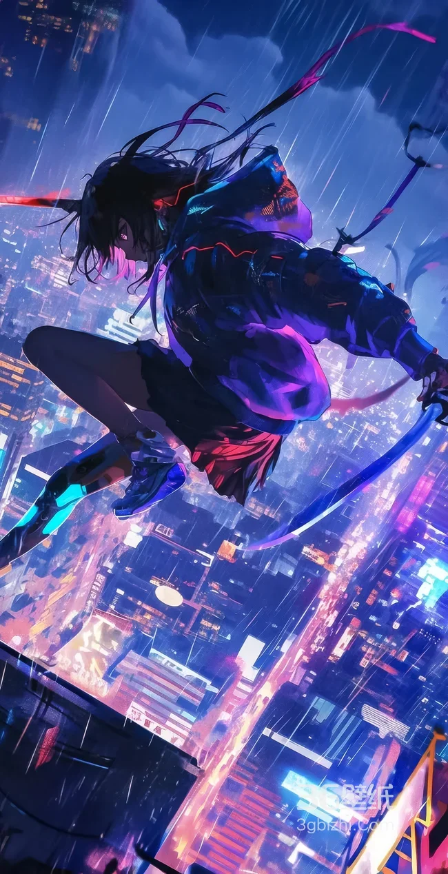 赛博朋克持剑少女·雨夜霓虹都市 赛博朋克手机壁纸1