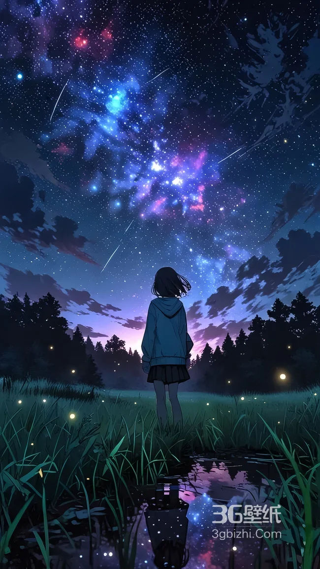 二次元唯美夏夜星空·女孩眺望萤火虫森林 热门手机壁纸1