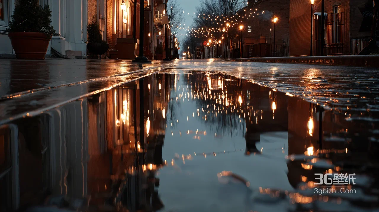 雨夜街道暖光倒影·唯美写实 雨夜街景宽屏电脑壁纸1