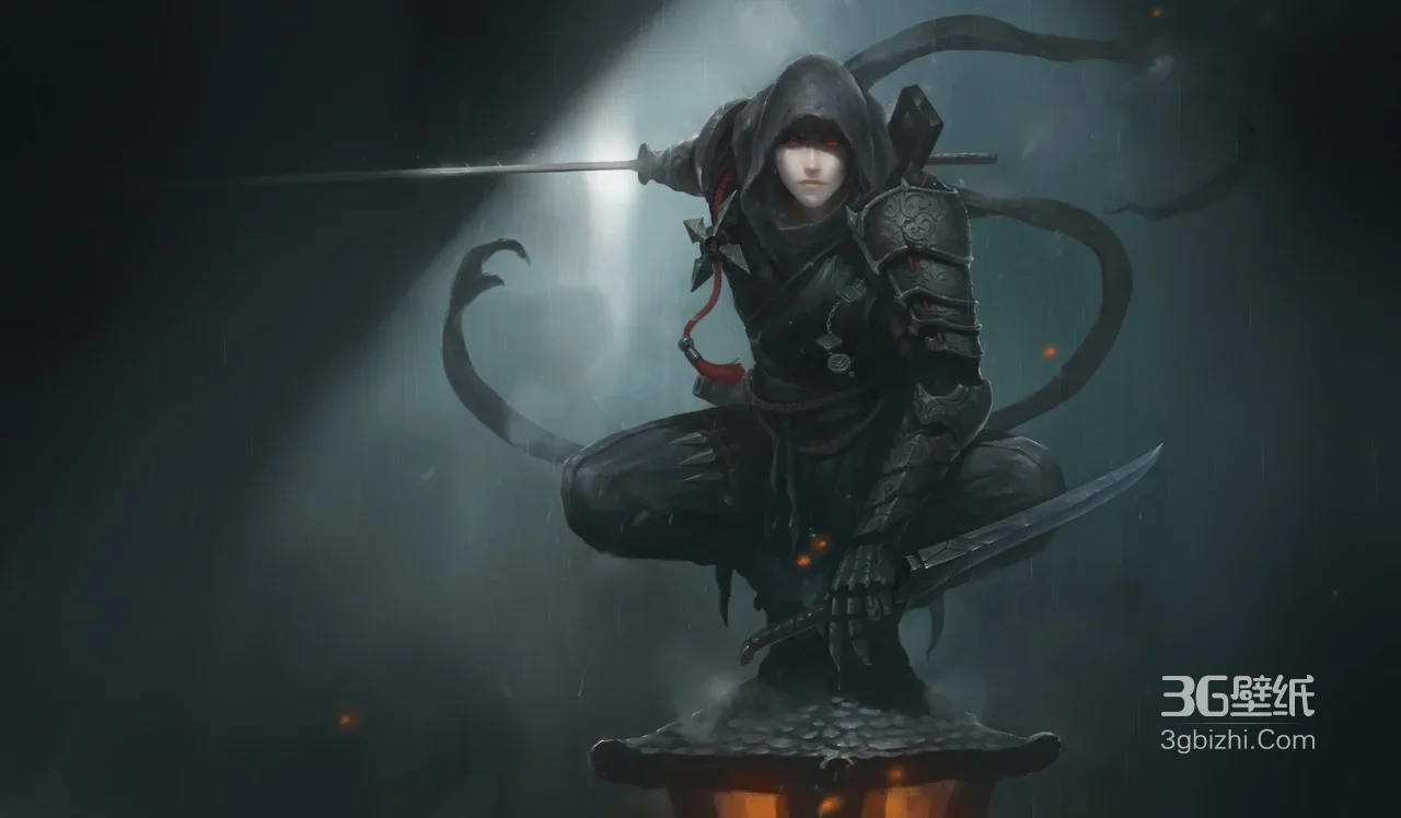暗黑刺客·双刀待击 雨夜蹲姿 高燃写实风宽屏电脑壁纸1