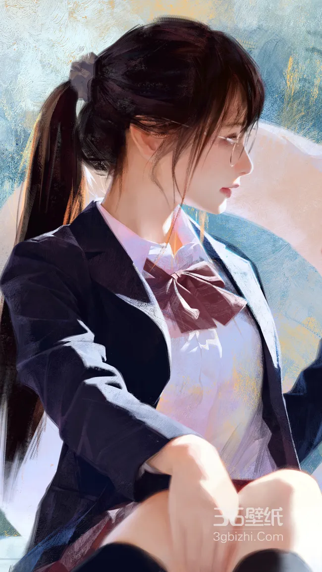 扎马尾戴眼镜校服少女 写实唯美手绘风 原创插画 校园风手机壁纸1