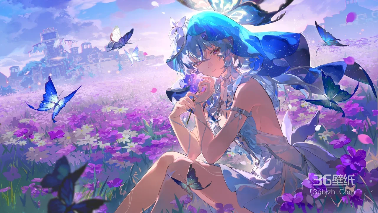 蓝发持花少女·蝶舞花海 唯美二次元古风桌面背景1