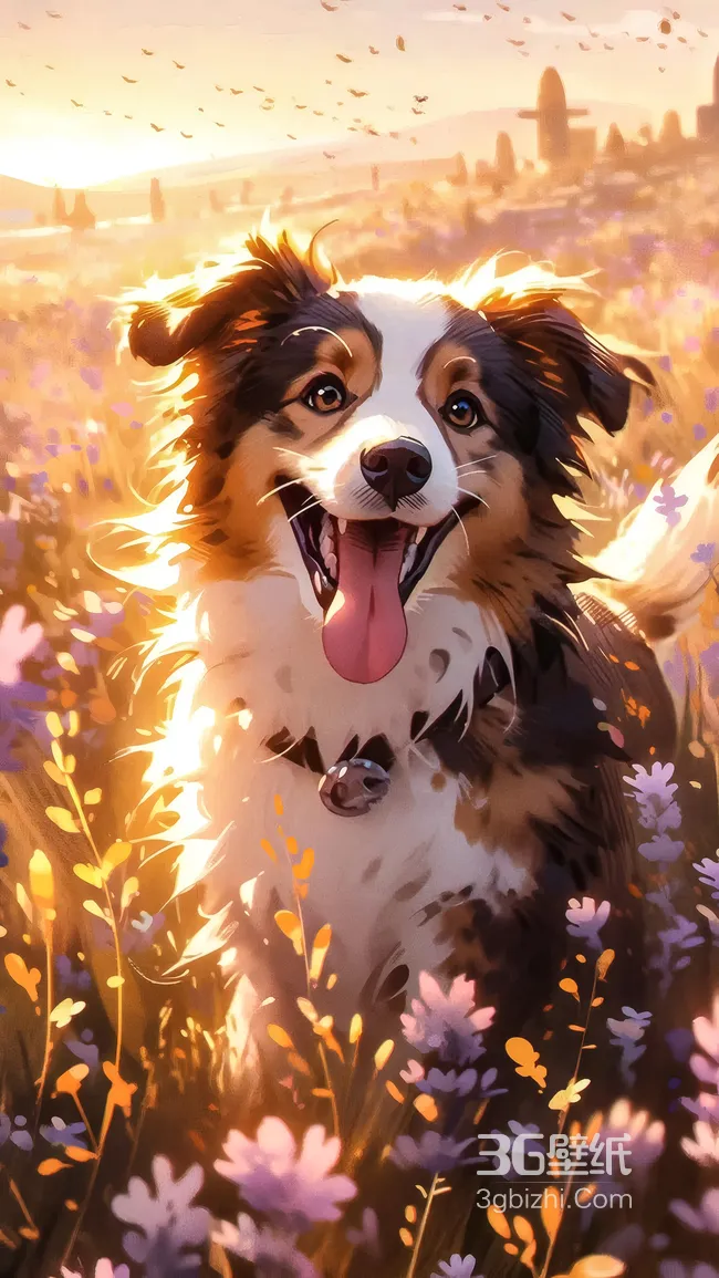 笑容灿烂的狗狗·花田日落唯美插画 治愈系手机壁纸1
