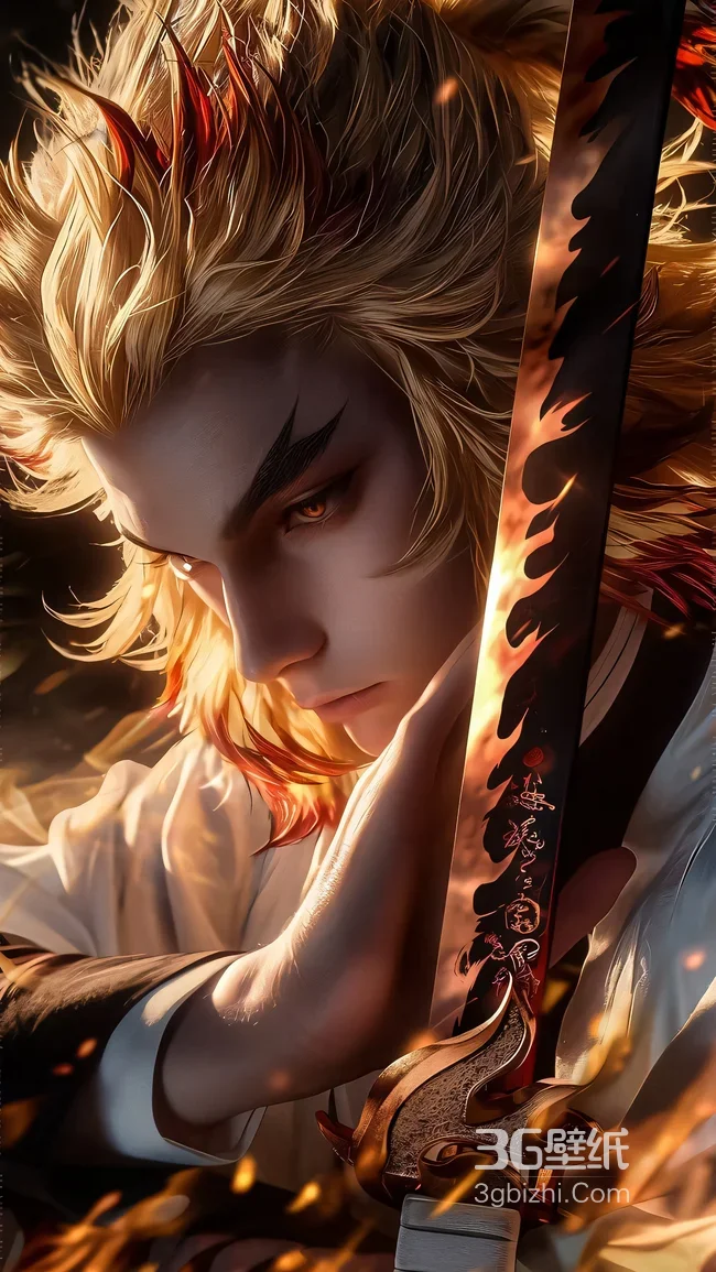 炼狱杏寿郎·炎之呼吸日轮刀 写实热血风鬼灭之刃手机壁纸1