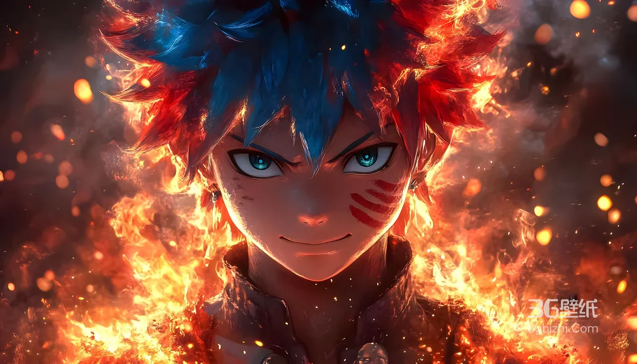 超燃动漫角色·红蓝发火焰环绕 红纹 写实风电脑壁纸1