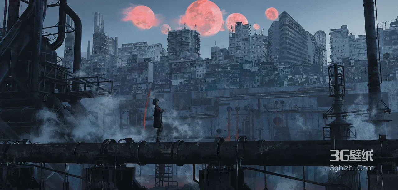 孤影工业管道·暗黑赛博朋克废土风 多红月都市废墟电脑壁纸1