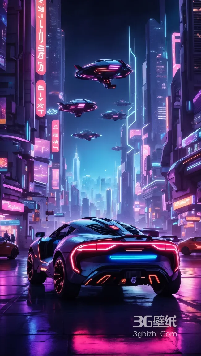 赛博朋克未来都市·霓虹跑车与悬浮飞碟 赛博风热门壁纸1