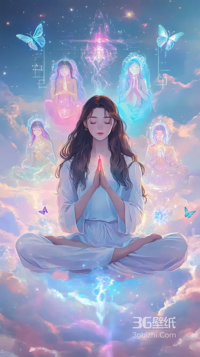 冥想女子·梦幻灵性光影环绕 灵性疗愈风手机壁纸1