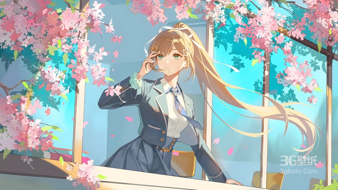 金发高马尾少女·樱花校园·唯美二次元宽屏电脑壁纸1