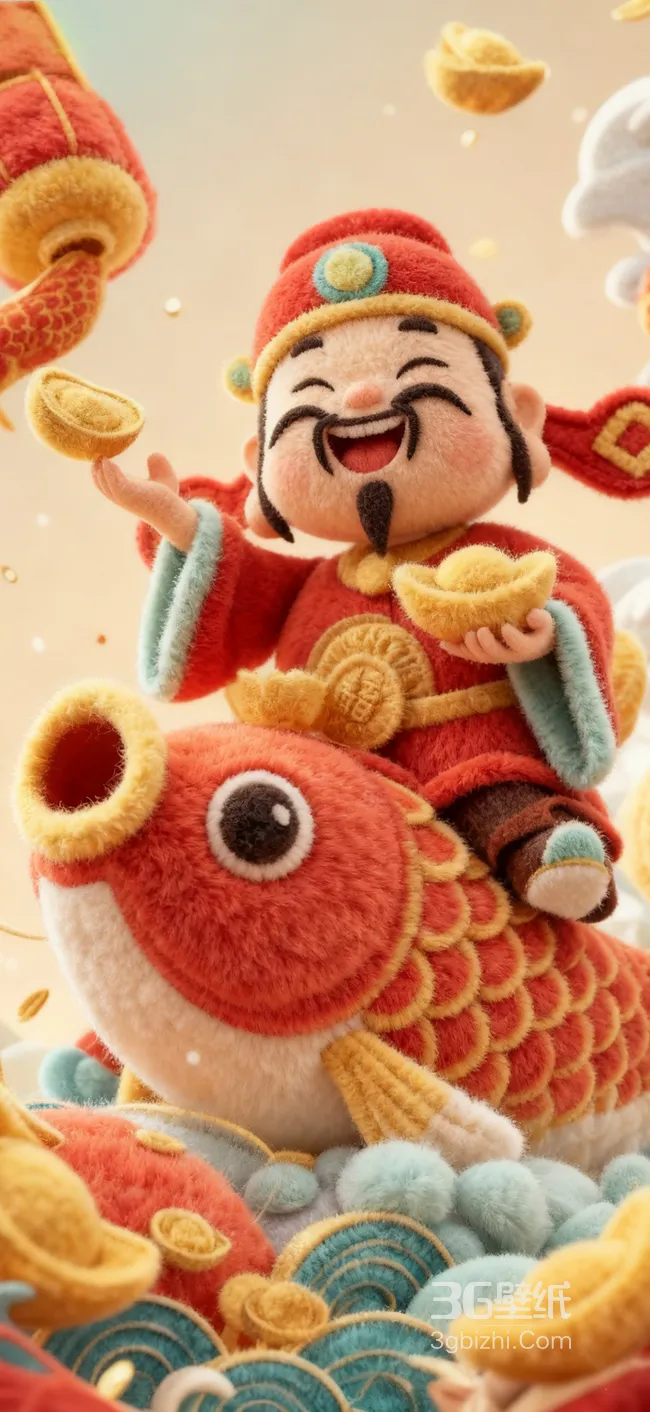 财神·毛绒国风形象 骑锦鲤持金元宝 国潮春节财运手机壁纸1