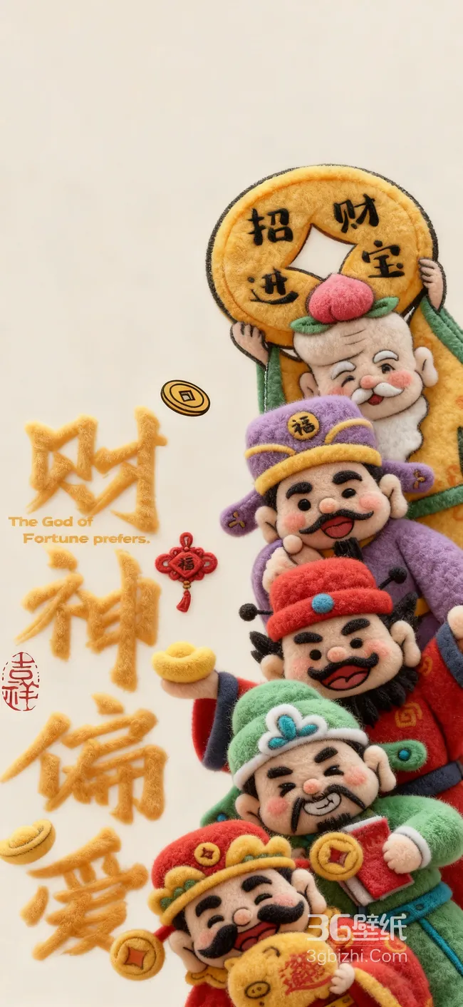 国风毛绒卡通财神寿星 招财进宝新春手机壁纸1