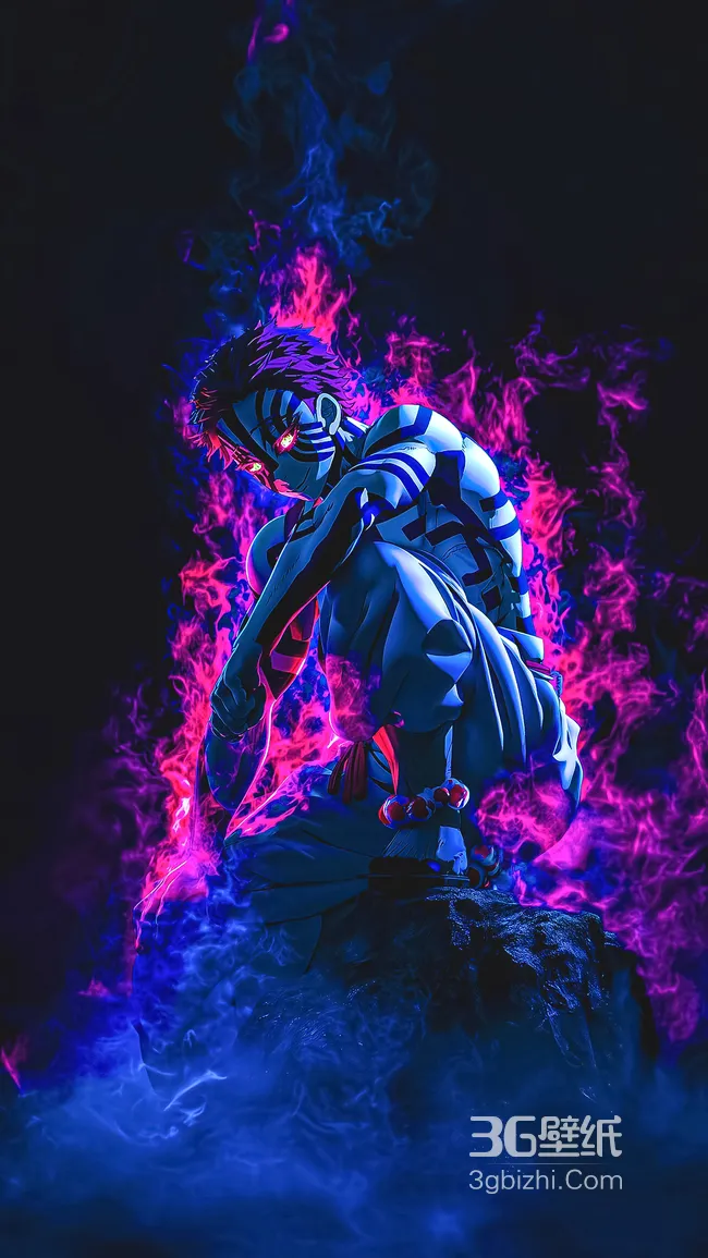 猗窝座·鬼纹焰影 霓虹暗黑风鬼灭之刃高燃壁纸1