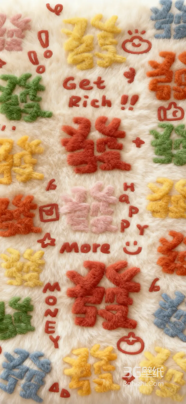 国风毛绒“發”字暴富主题壁纸 可爱治愈新年财运风1