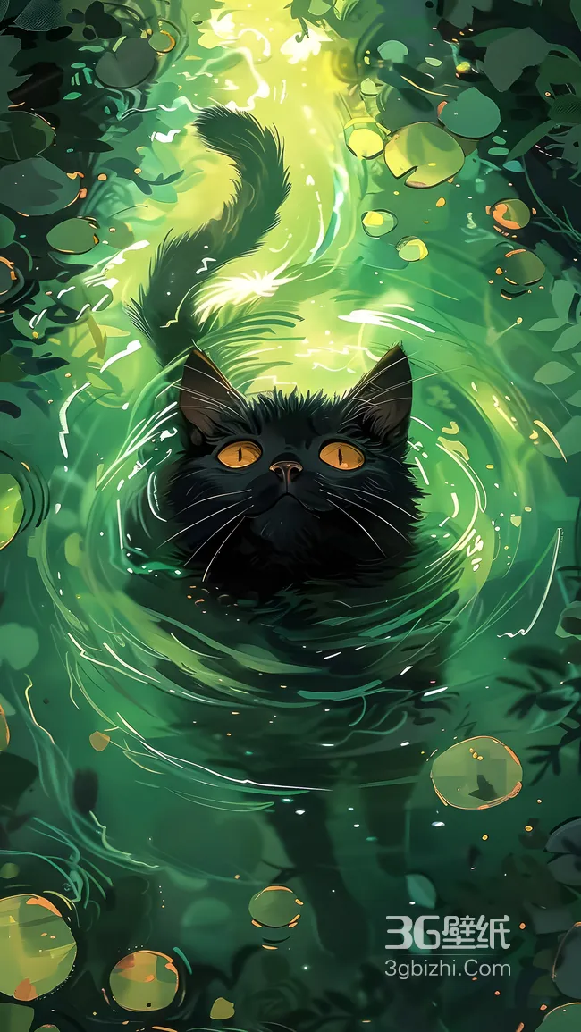 黑猫黄眼·绿色水波奇幻风 森林水境壁纸1
