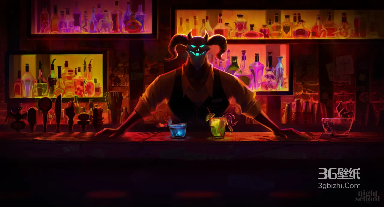 羊角面具恶魔酒保·暗黑奇幻酒吧 出自Afterparty游戏 宽屏桌面背景1