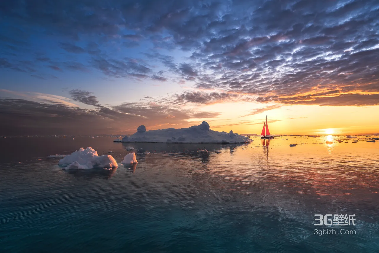 极地冰山红帆帆船日落黄昏 唯美宽屏自然壁纸1
