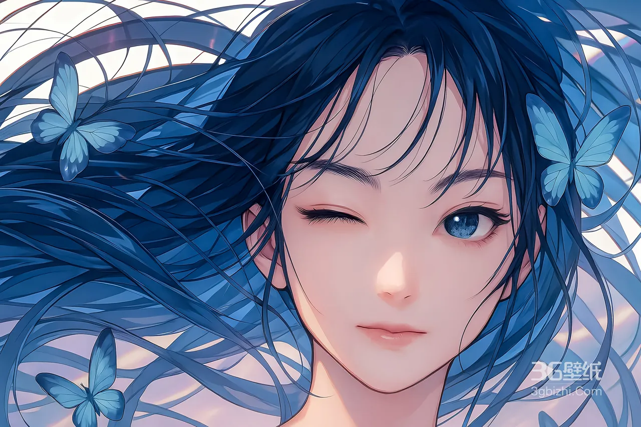 蓝发少女·蝴蝶伴舞 二次元唯美风 宽屏车机壁纸1