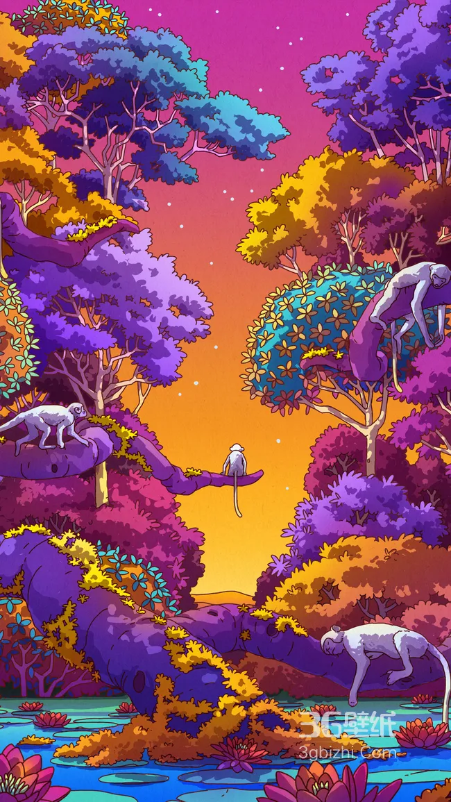 奇幻森林灵长类栖息·霓虹色彩风 原创插画超火手机屏保1