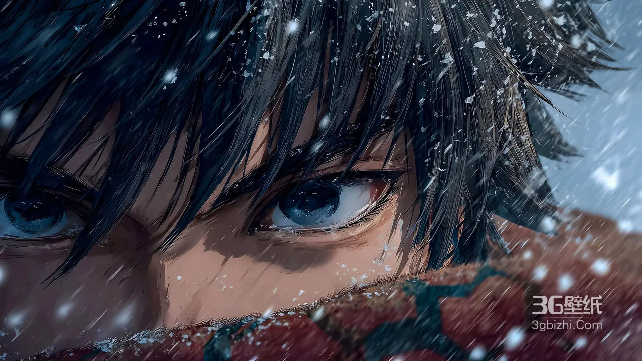 蓝眼少年·风雪坚毅眼神 写实动漫风 冬日雪景高人气电脑壁纸1