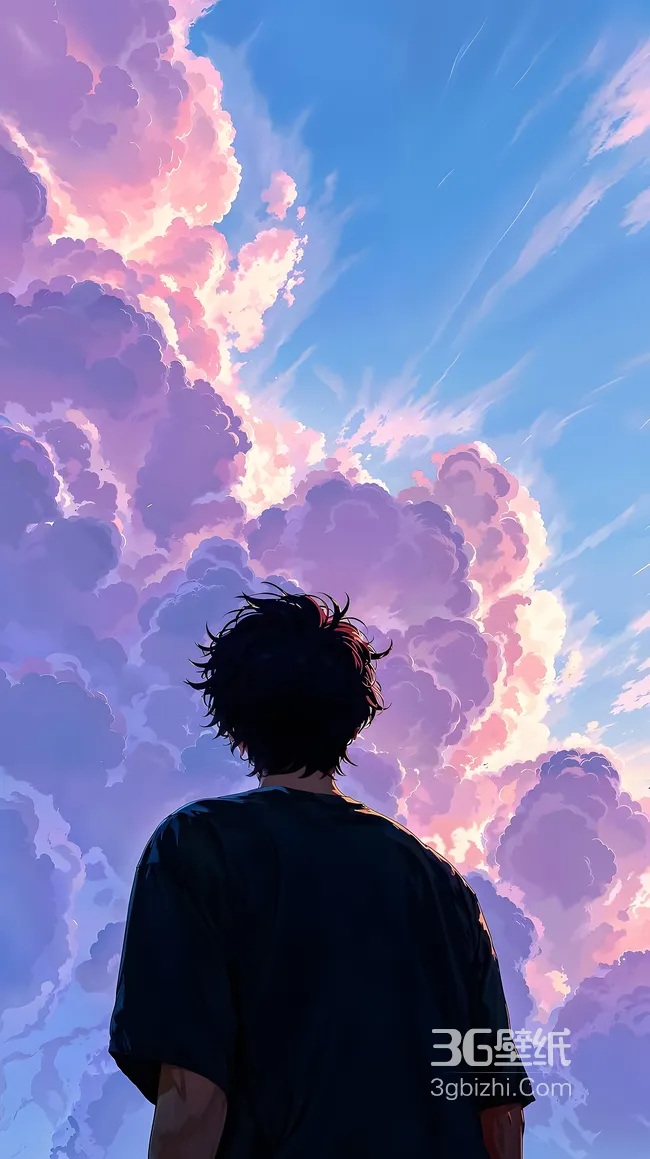黑发少年背影仰观粉紫云海 二次元治愈系壁纸1