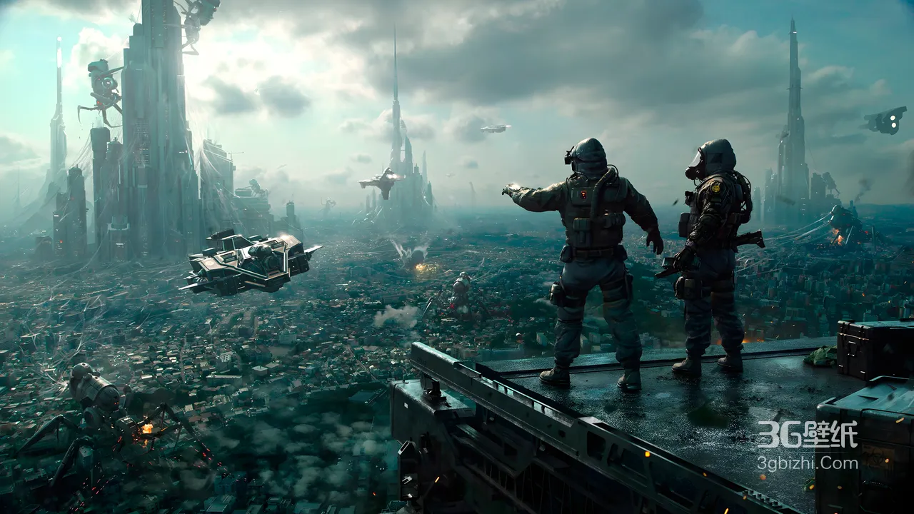 赛博朋克风未来战争废墟城市 机甲战士眺望 科幻游戏电脑壁纸1