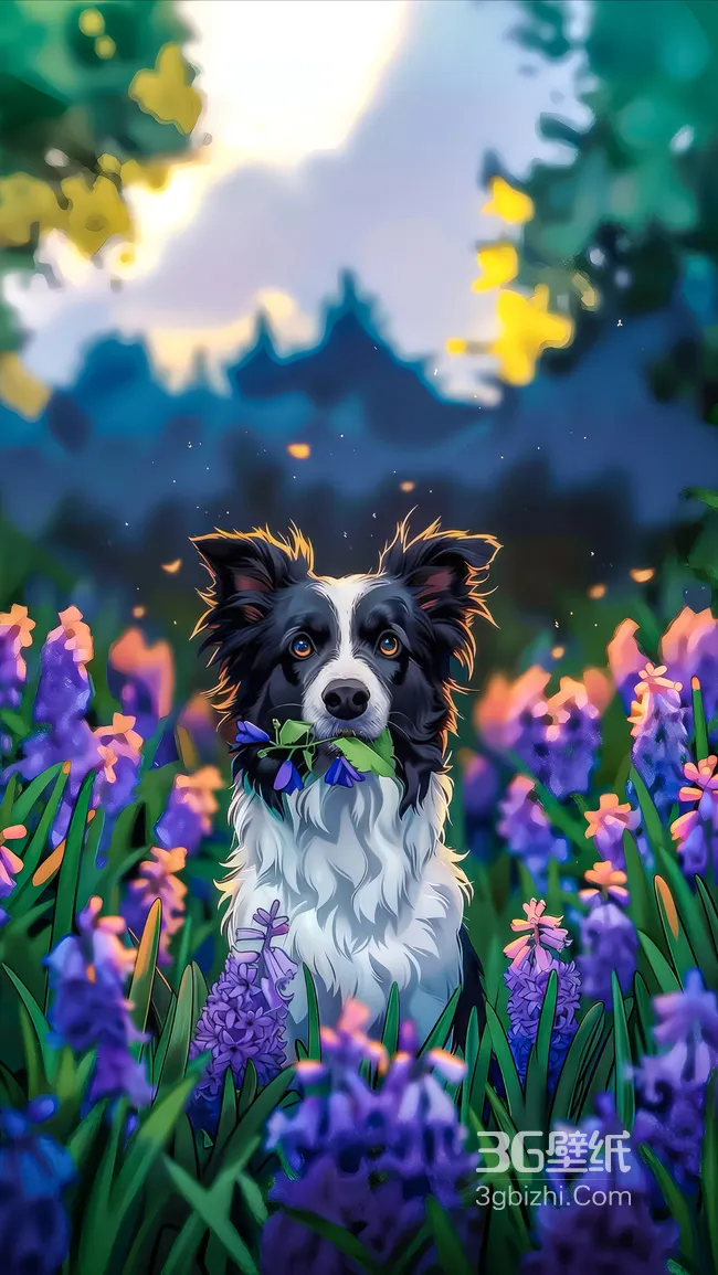 唯美插画风边境牧羊犬·紫色花海治愈系手机壁纸1
