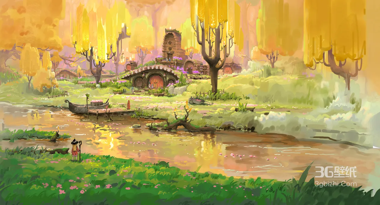 童话森林霍比特小屋·唯美手绘童话风 宽屏车机壁纸1