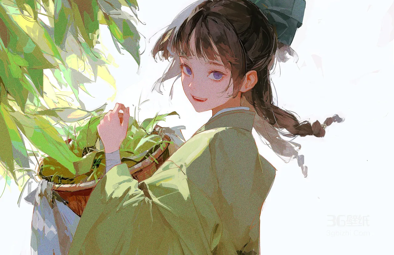 古风少女抱竹篮采青 国风唯美电脑壁纸1