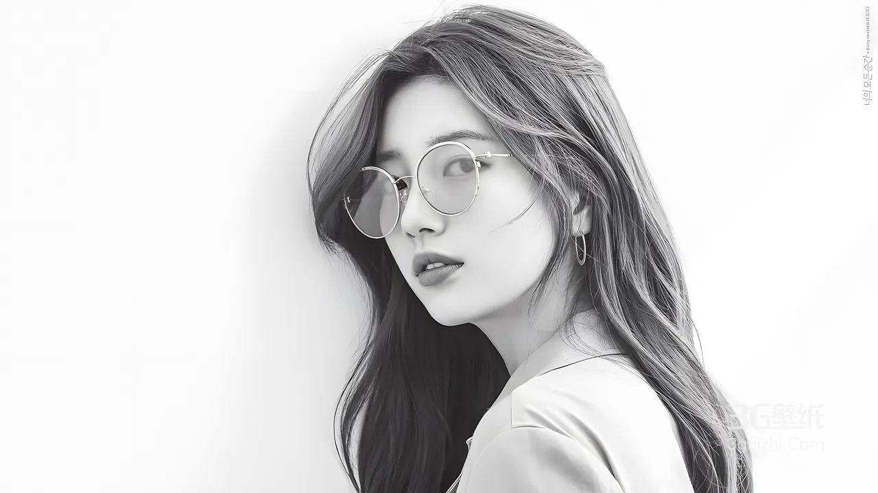 裴秀智·长发眼镜 黑白艺术写实风 明星写真桌面背景1