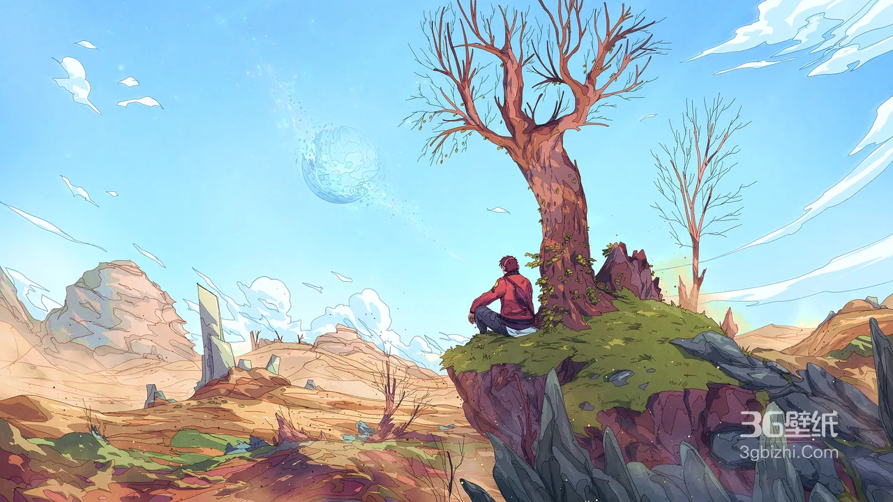 红衣男子·荒漠孤岛眺光球 国漫清新风插画 宽屏车机壁纸1