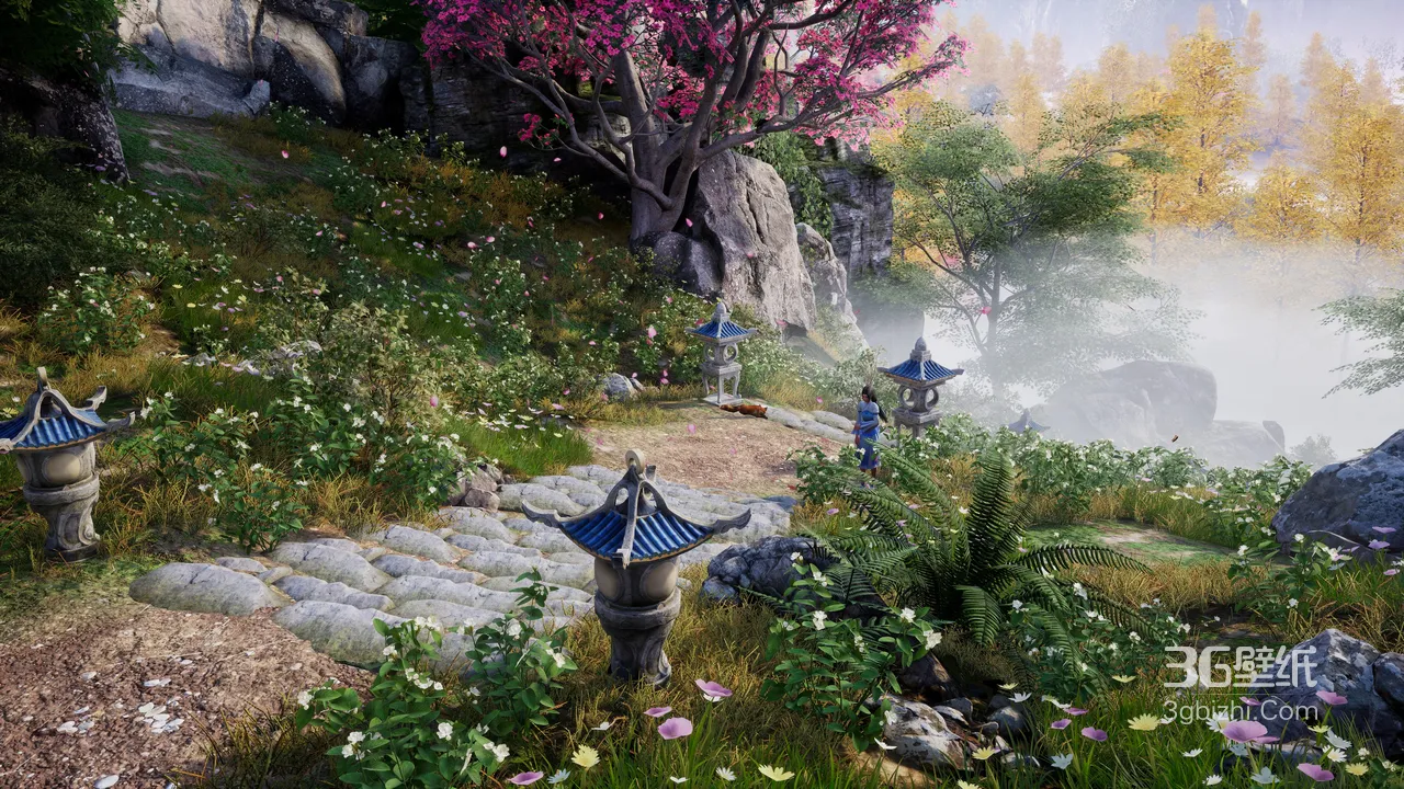 国风唯美武侠游戏场景 石径花树青灯伴蓝衫人物1