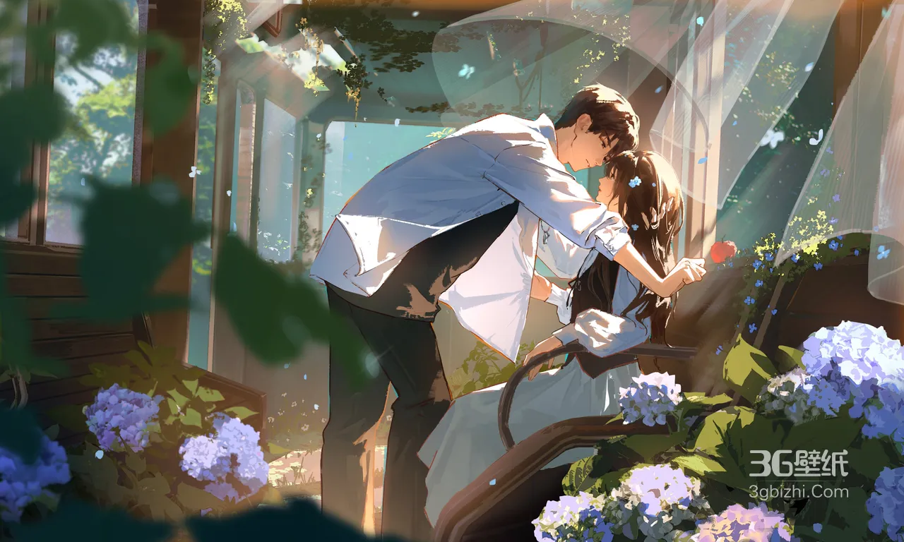 花房情侣·温柔互动 唯美国漫风 绣球花景电脑壁纸1