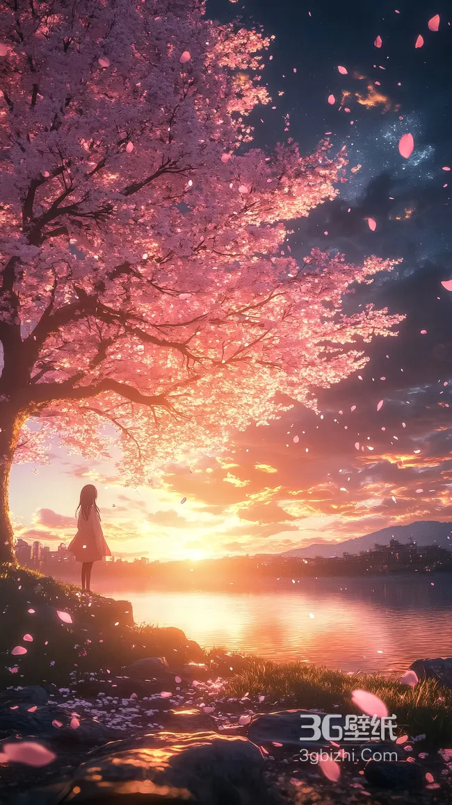 少女·樱花树·湖景日落 二次元唯美黄昏手机壁纸1
