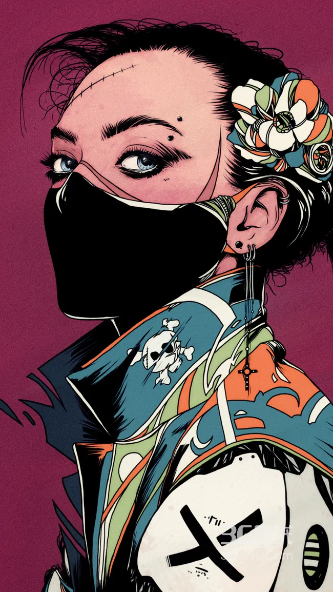 赛博朋克美漫风人物·机械花饰面罩 超人气手机壁纸1