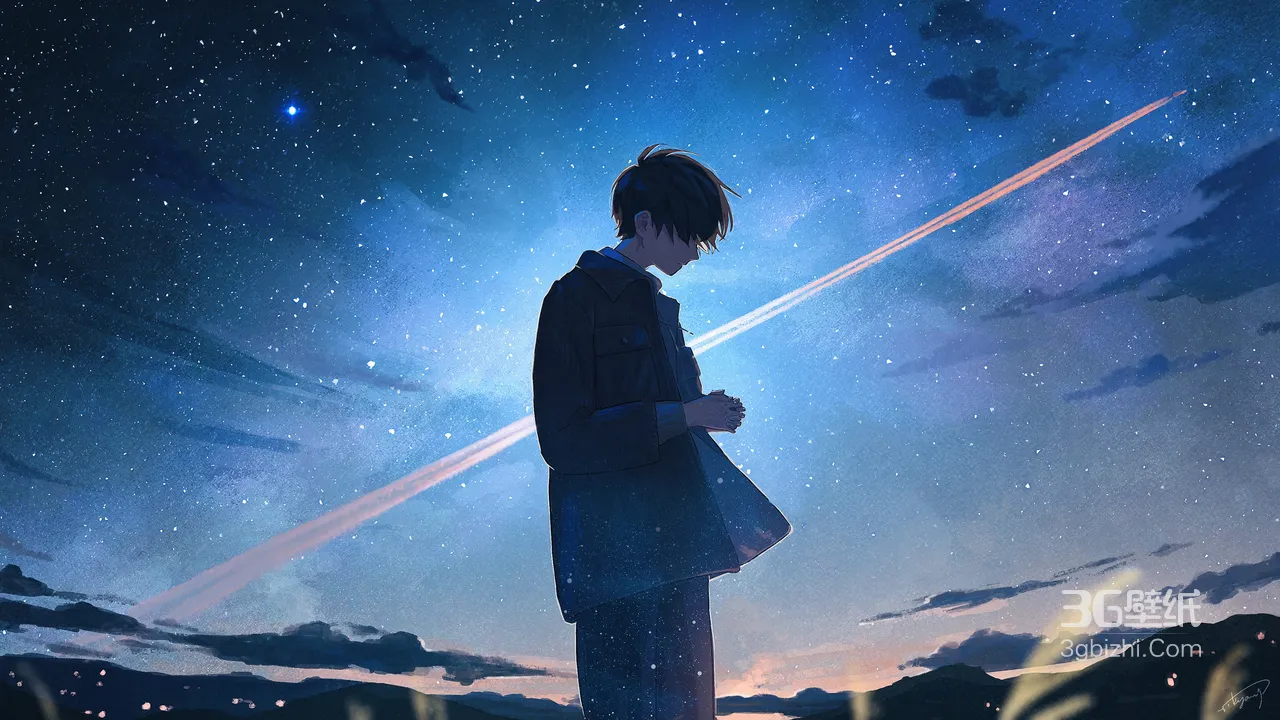 二次元少年·星空流星 唯美原创插画高清桌面背景1