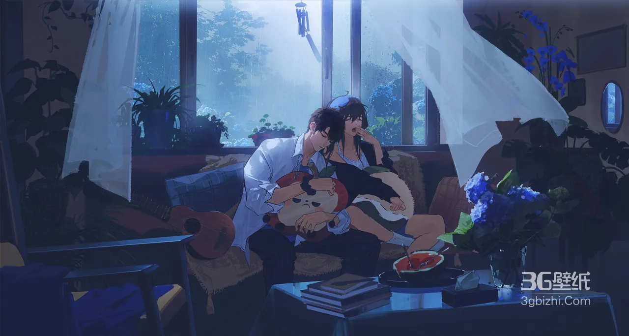 情侣·雨天居家抱枕相依 唯美国漫风 治愈系电脑壁纸1