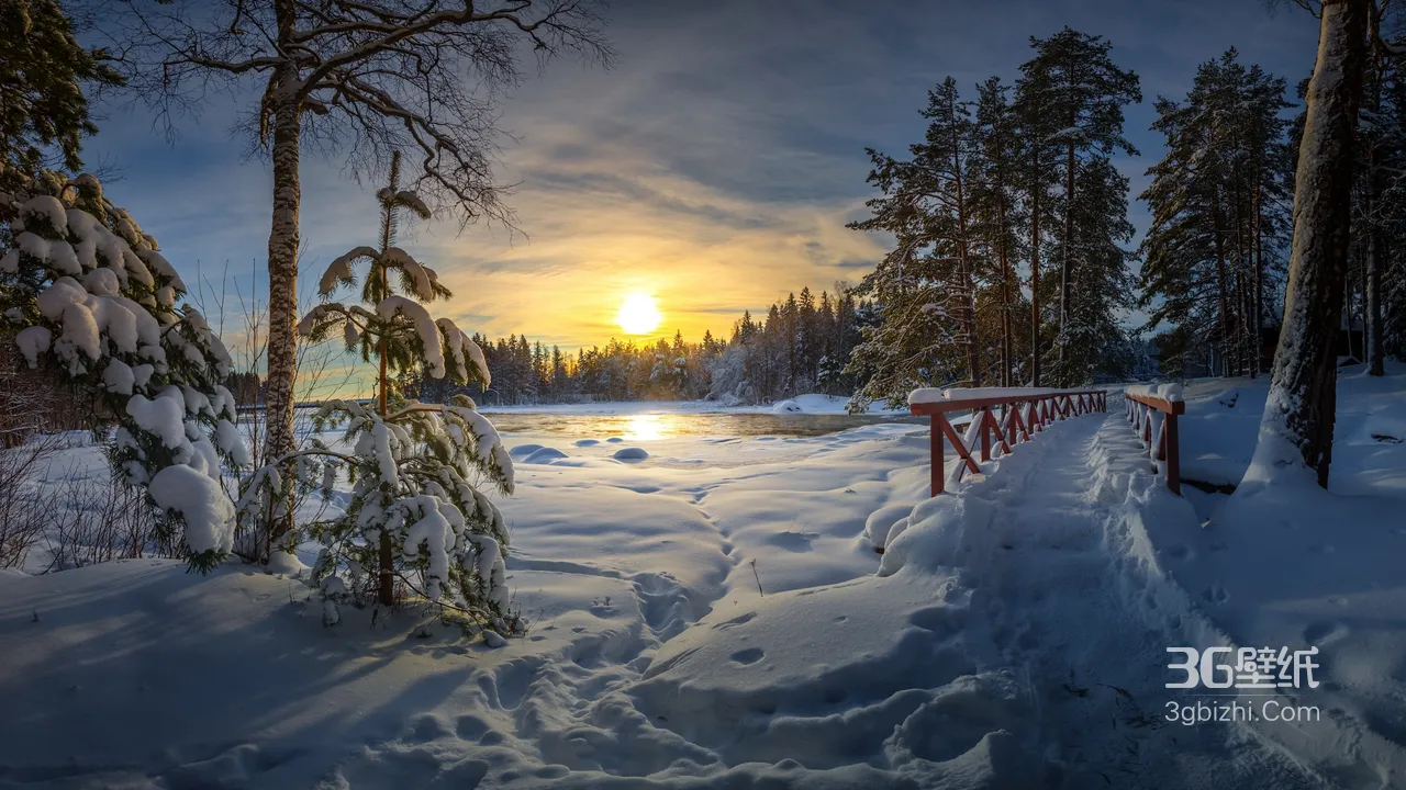 北欧银白雪林日落红桥·唯美写实·冬季雪景宽屏电脑壁纸1