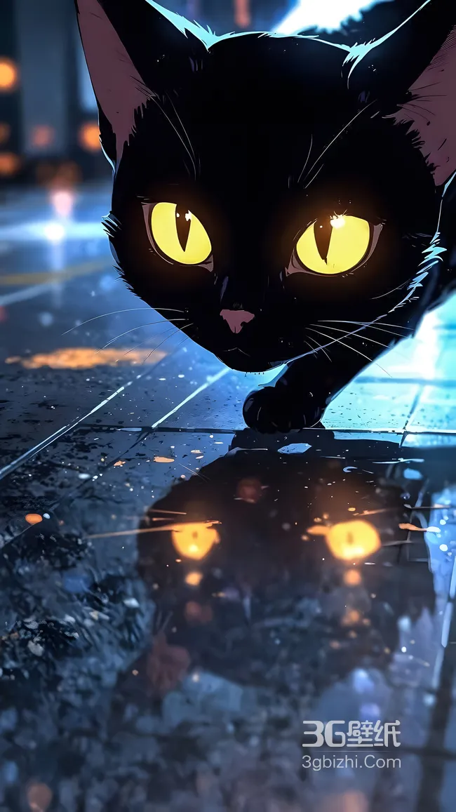 暗黑赛博风黑猫·金黄眼眸雨夜倒影 潮流手机壁纸1